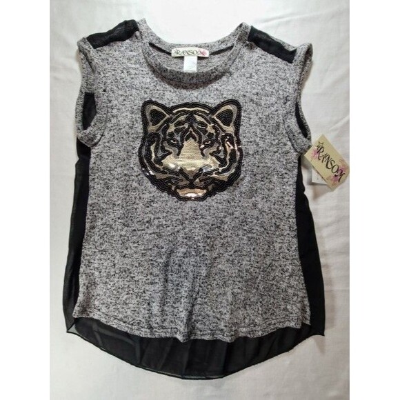 Ransom Sequin Tiger Graphic Knit Shirt M NWT Mesh Back Gray Black Top - Picture 1 of 5
